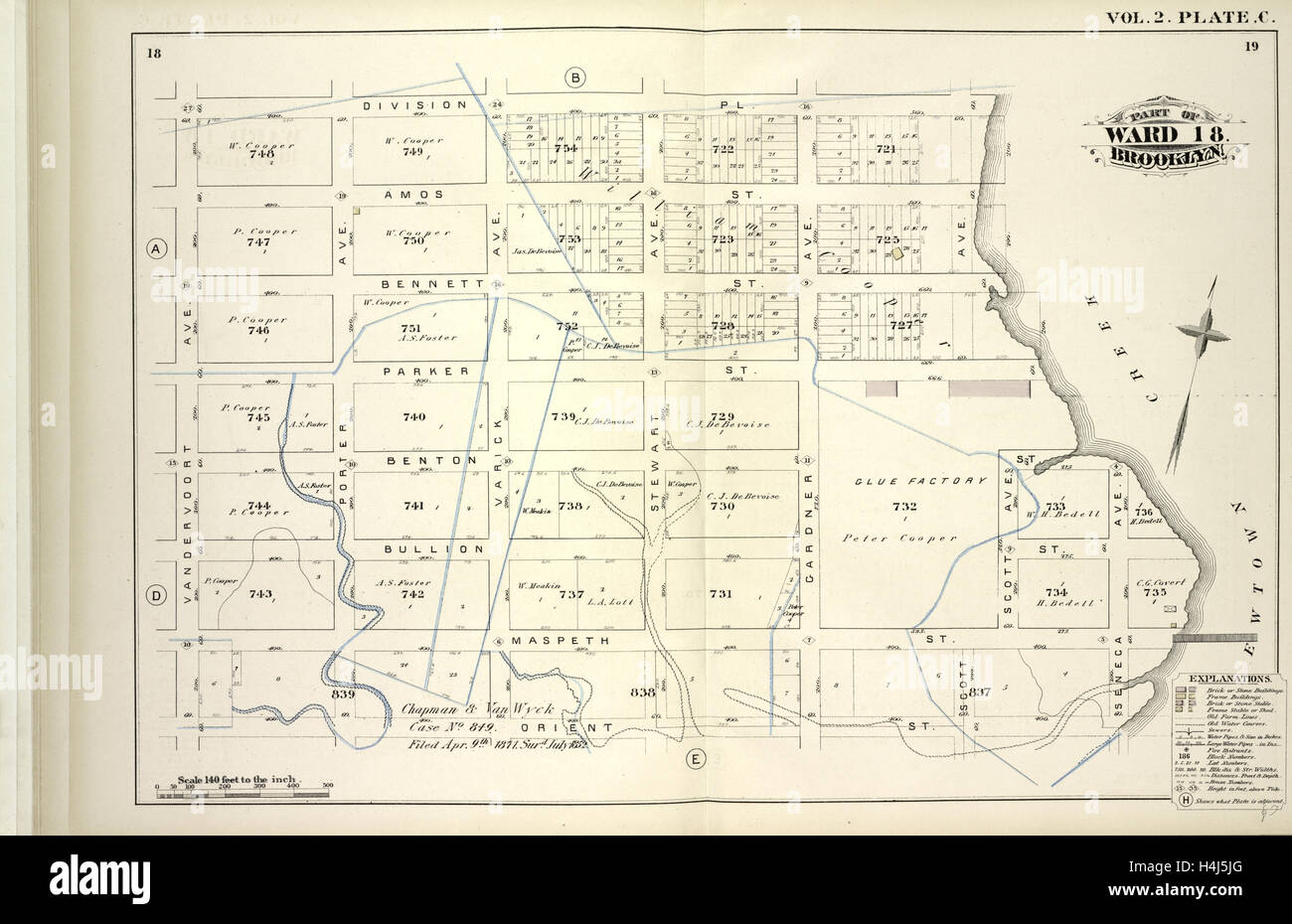 Vol. 2. Plate, C. Map bound by Division Pl., Newtown Creek, Orient  St., Vandervoort Ave.; Including Amos St., Bennett St. Stock Photo