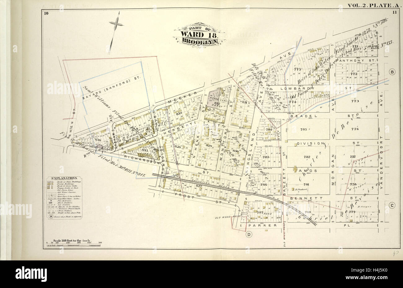 Vol. 2. Plate, A. Map bound by Bayard Sanford St., Meeker Ave., Vandervoort Ave., Parker Pl., Kingsland Ave., Frost St. Stock Photo