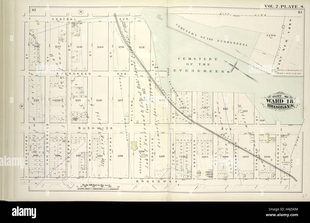 Vol. 2. Plate, S. Map bound by Central Ave., Cemetery of the Evergreens, City Line, Broadway, Schaeffer St. Stock Photo