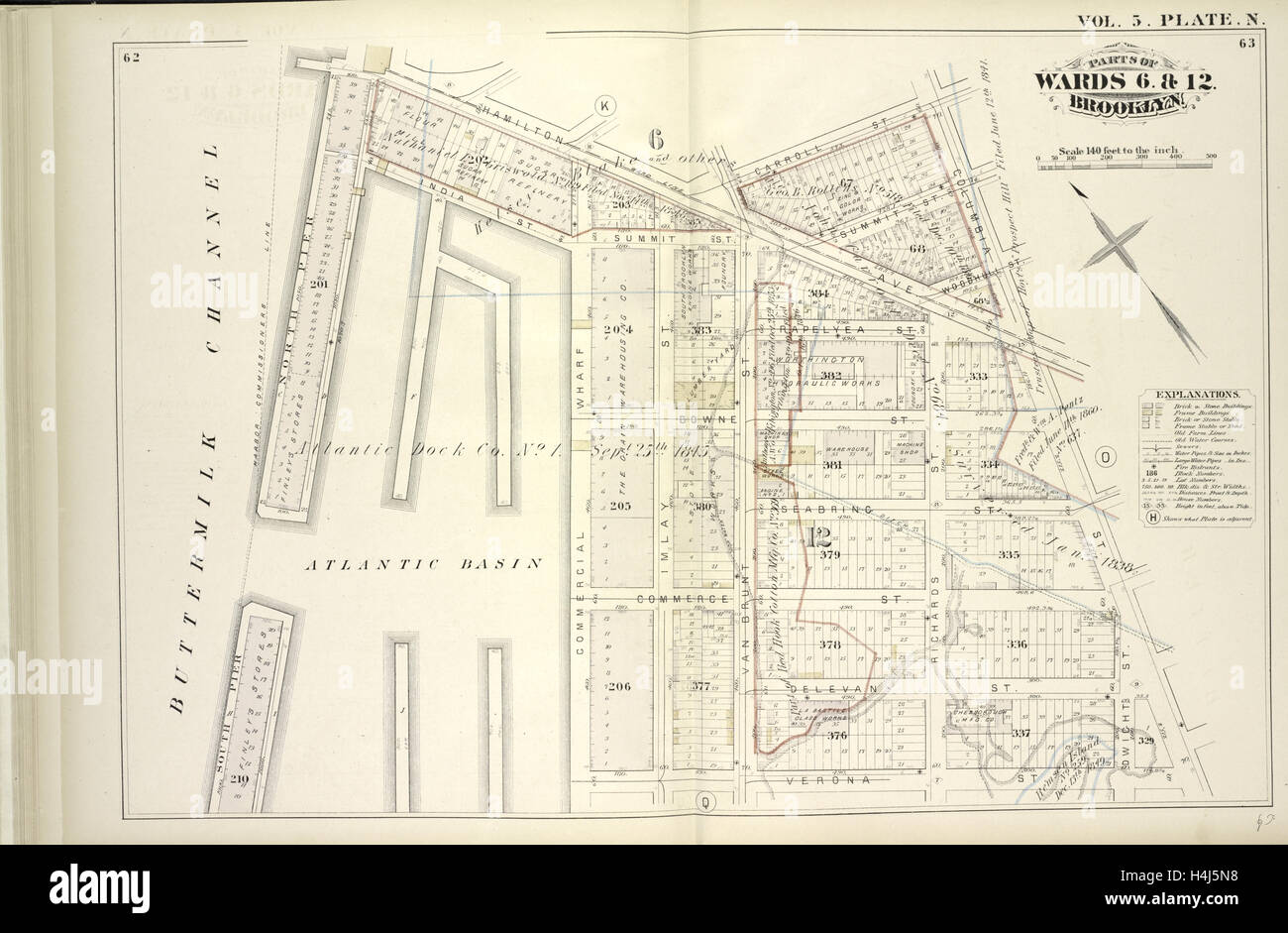 Vol. 5. Plate, N. Map bound by Hamilton Ave., Carroll St., Columbia St., Verona St., East River; Including India St. Stock Photo