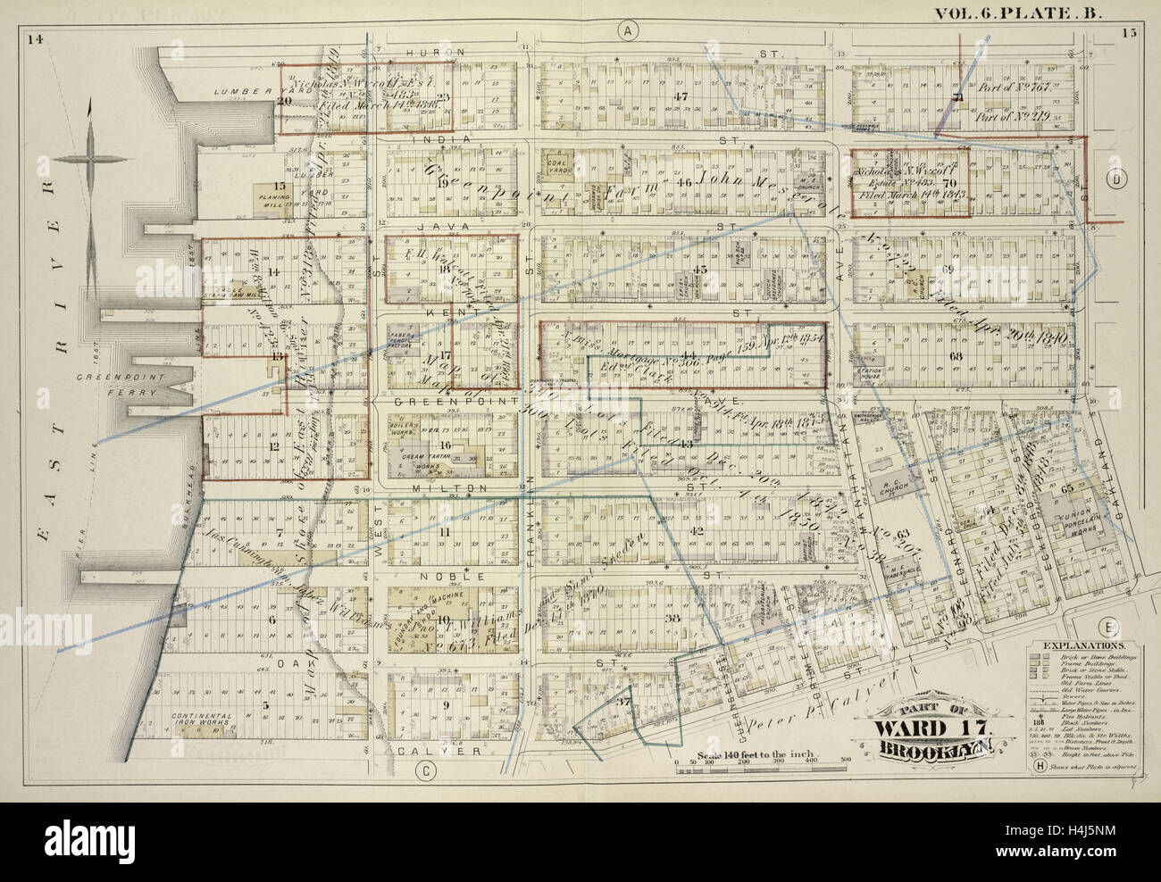 Vol. 6. Plate, B. Map bound by Huron St., Oakland St., Calyer St.,  East River; Including India St., Java St., Kent St. Stock Photo