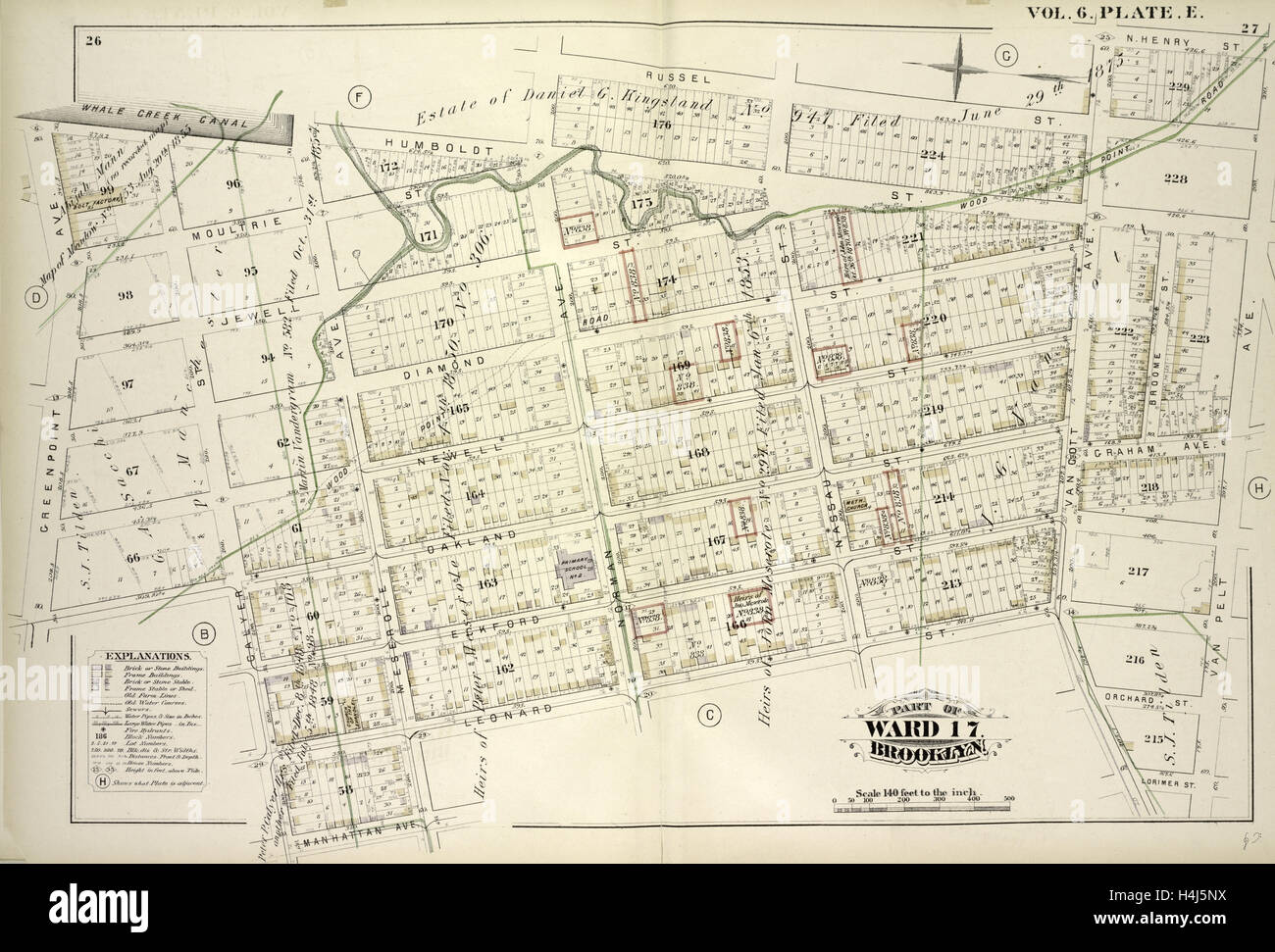 Vol. 6. Plate, E. Map bound by Whale Creek Canal, Humboldt St., Norman Ave., Russell St., Van Cott Ave., N.Henry St. Stock Photo