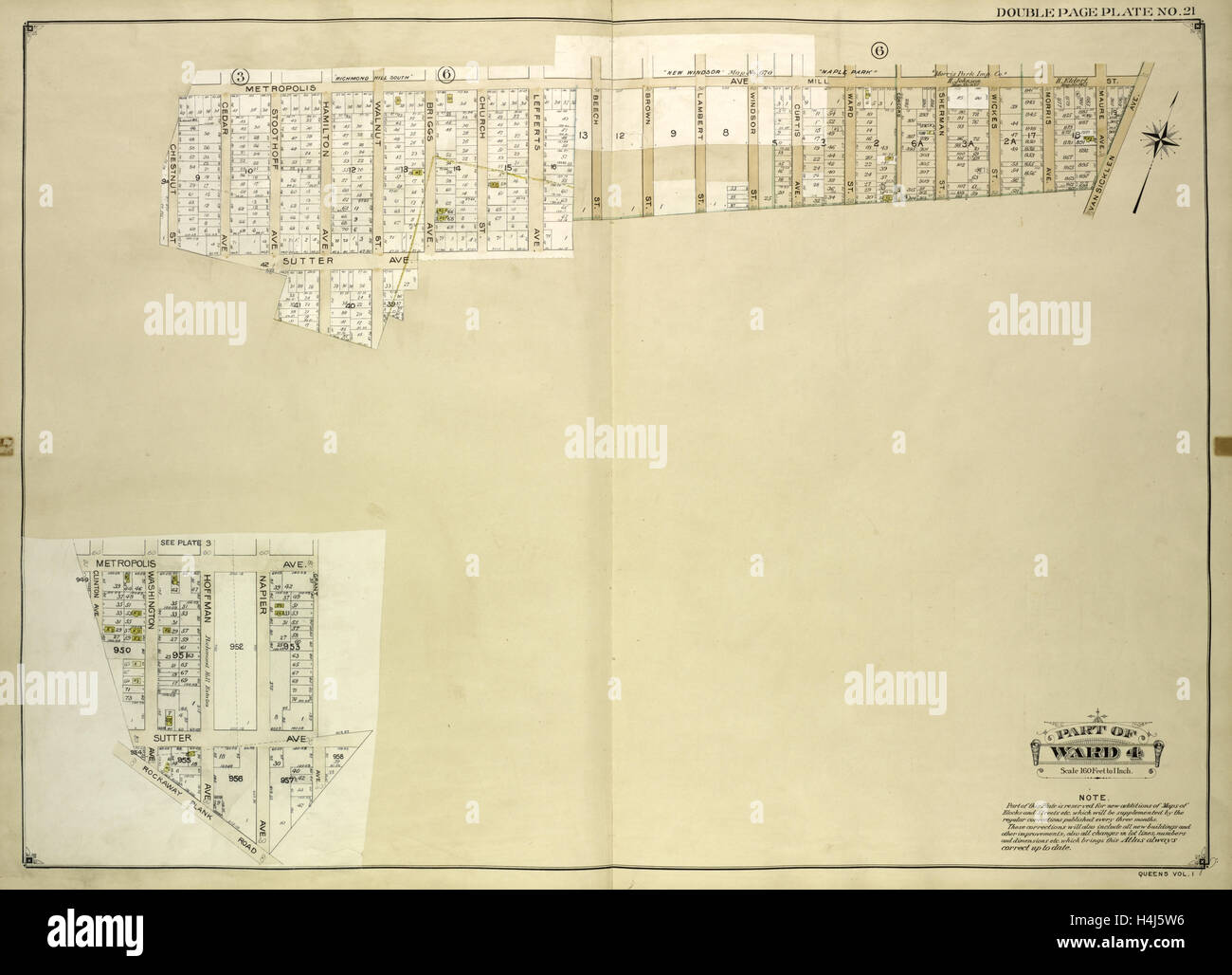 Queens, Vol. 1, Double Page Plate No. 21; Part of Ward 4; Map bounded by Metropolis Ave., Mill St., Vansicklen Ave., Sutter Ave. Stock Photo