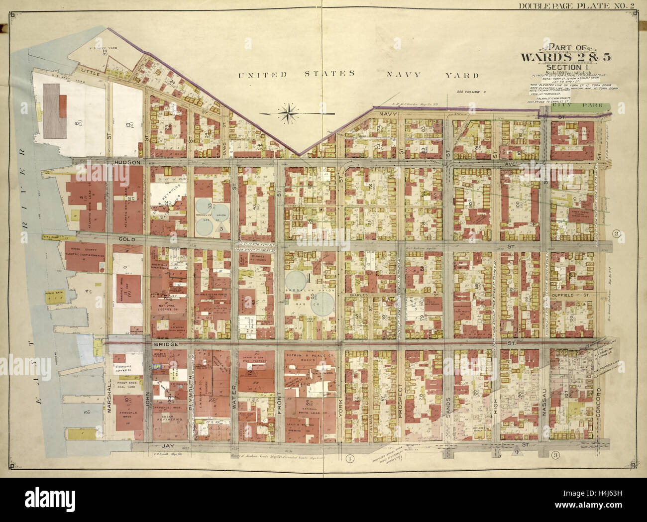 Brooklyn, Vol. 1, Double Page Plate No. 2; Part of Wards 2 & 5, Section 1; Map bounded by Little St., Evans St., Hudson Ave. Stock Photo