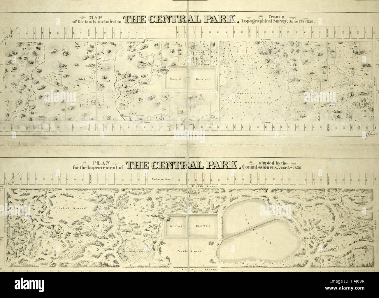 Map of the lands included in the Central Park, from a topographical survey, June 17th, 1856 Stock Photo