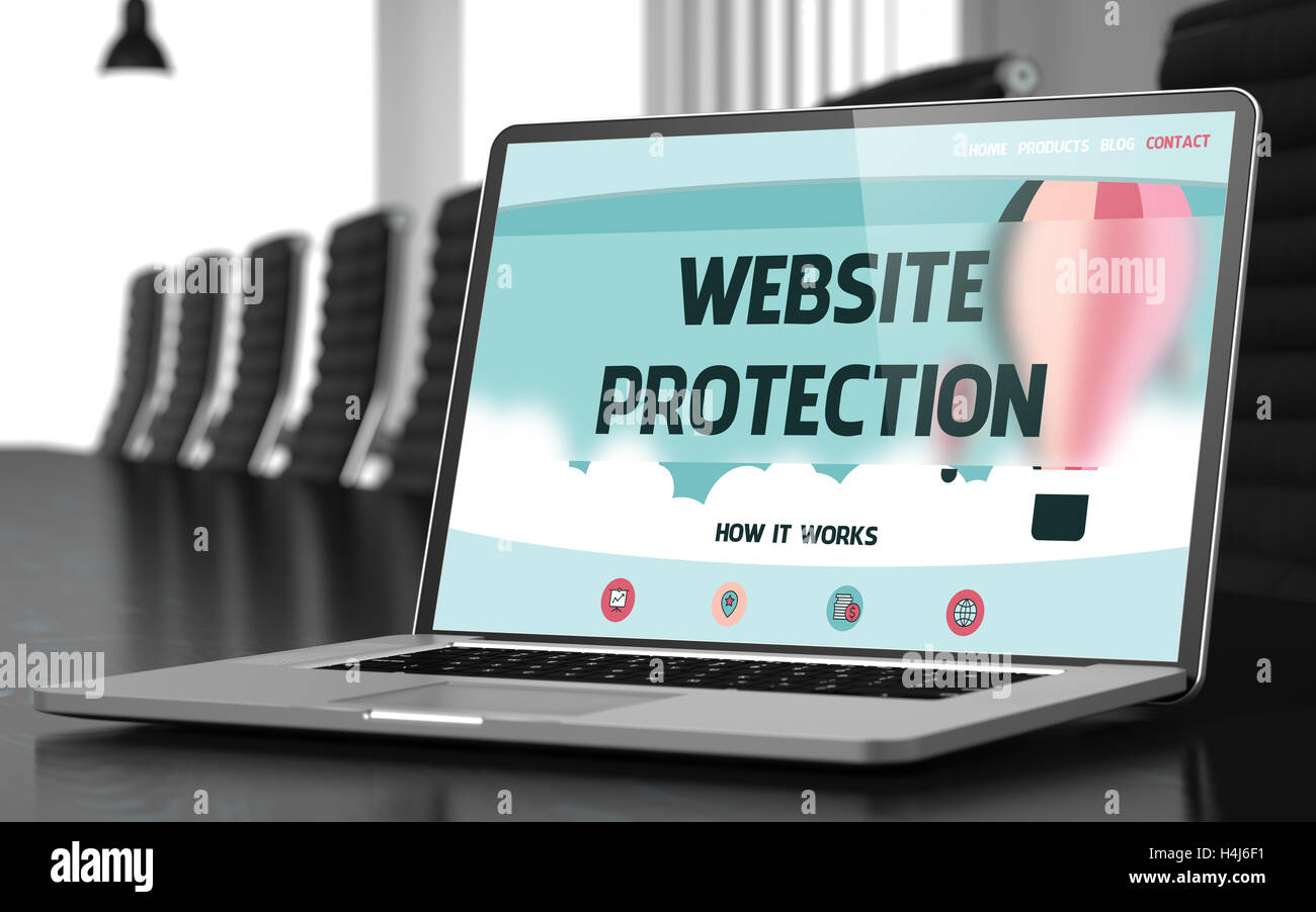 Website Protection on Laptop in Conference Hall. 3D. Stock Photo