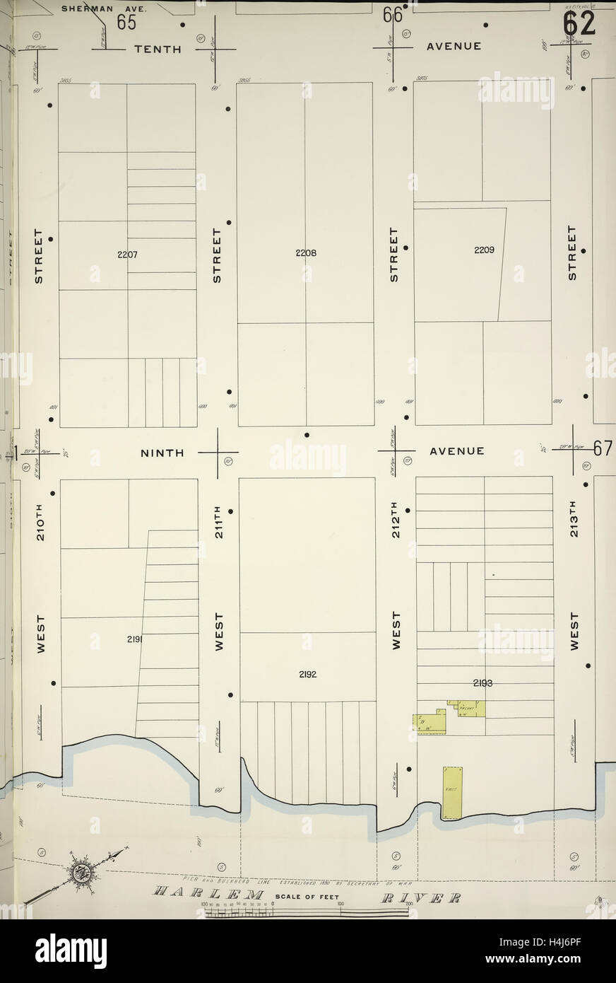 Manhattan, V. 12, Plate No. 62 Map bounded by 10th Ave., W. 213th St., Harlem River, W. 210th St., New York, USA Stock Photo