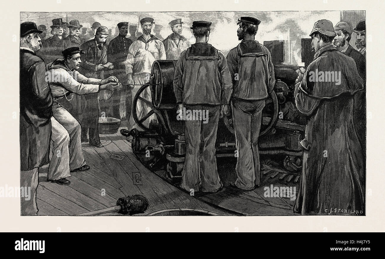 THE GUNNERY TRIALS OF THE LATEST IRONCLAD H.M.S. "VICTORIA", 1889: FIRING 6-INCH 5-TON GUNS IN FORE STARBOARD BATTERY Stock Photo