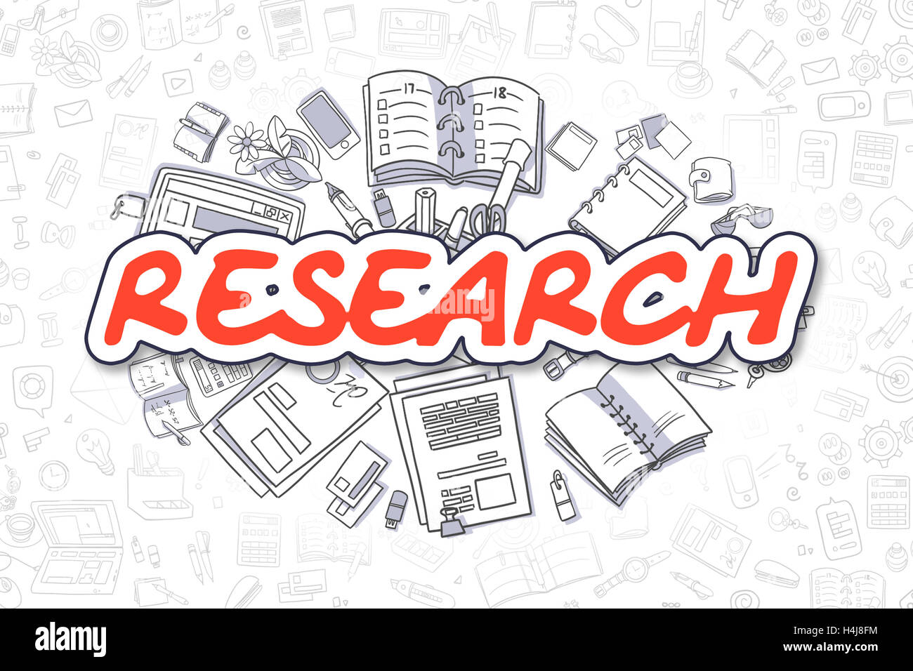 Research - Cartoon Red Inscription. Business Concept. Stock Photo
