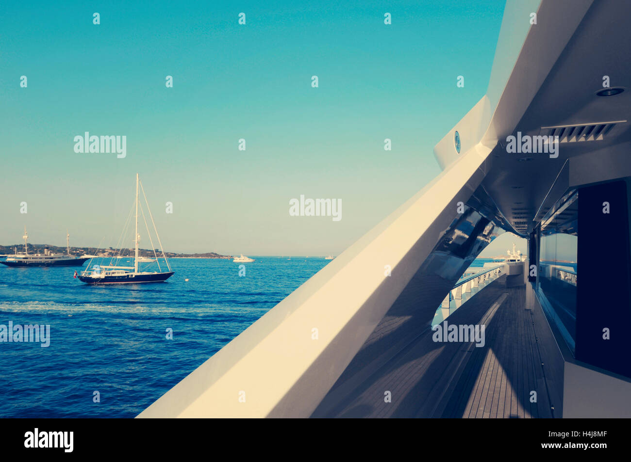 View from the upper deck of a cruise ship sailing in sardinia Stock Photo