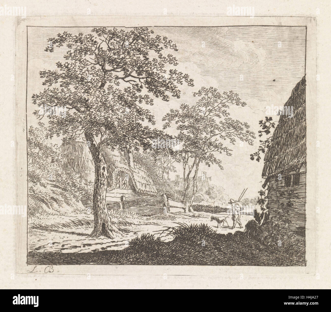 Landscape with walker with dog, Leendert Overbeek, c. 1775 - c. 1795 Stock Photo