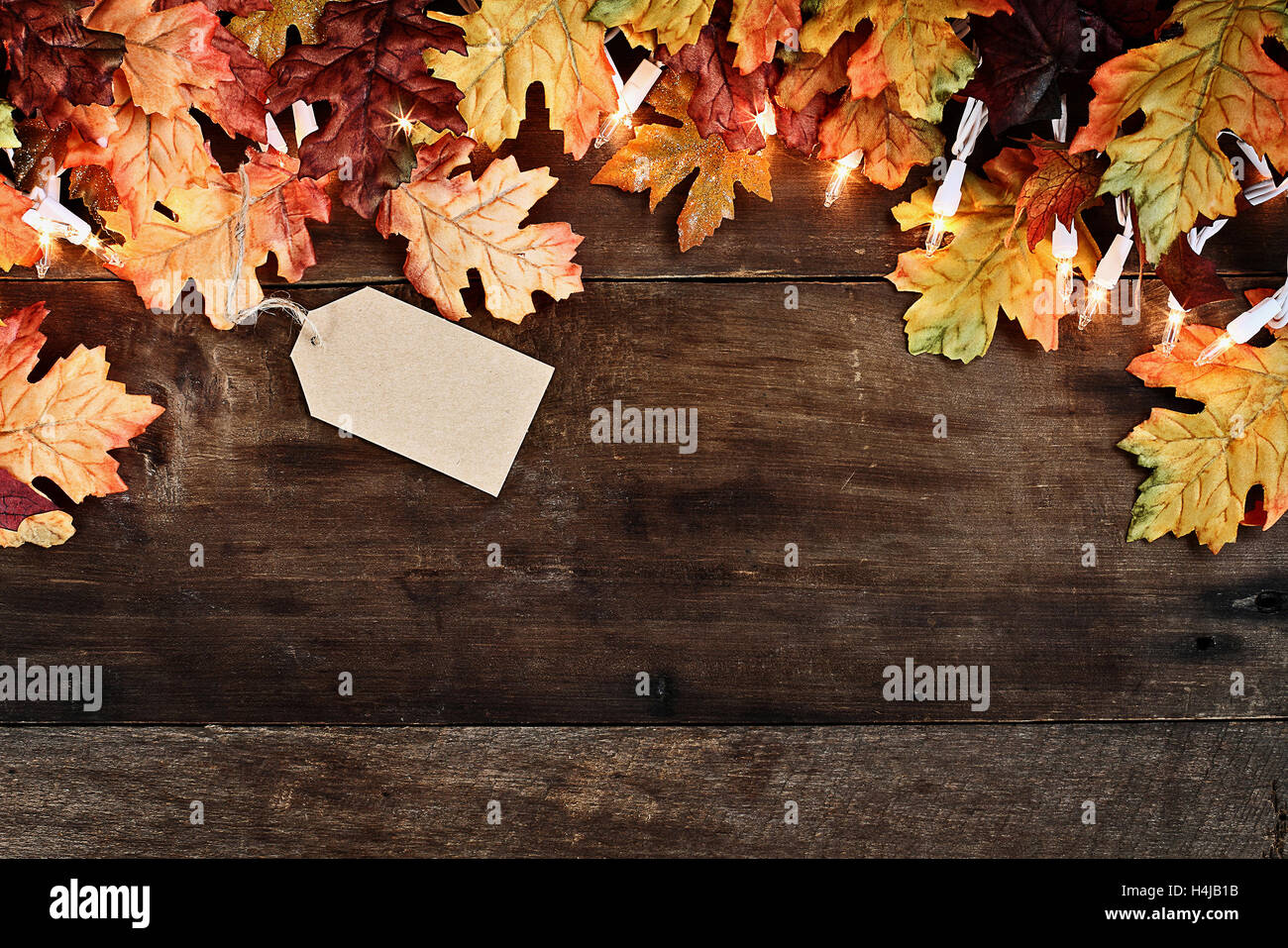 Rustic fall background of autumn leaves and decorative lights with empty tag for copy space over a rustic background of wood. Stock Photo