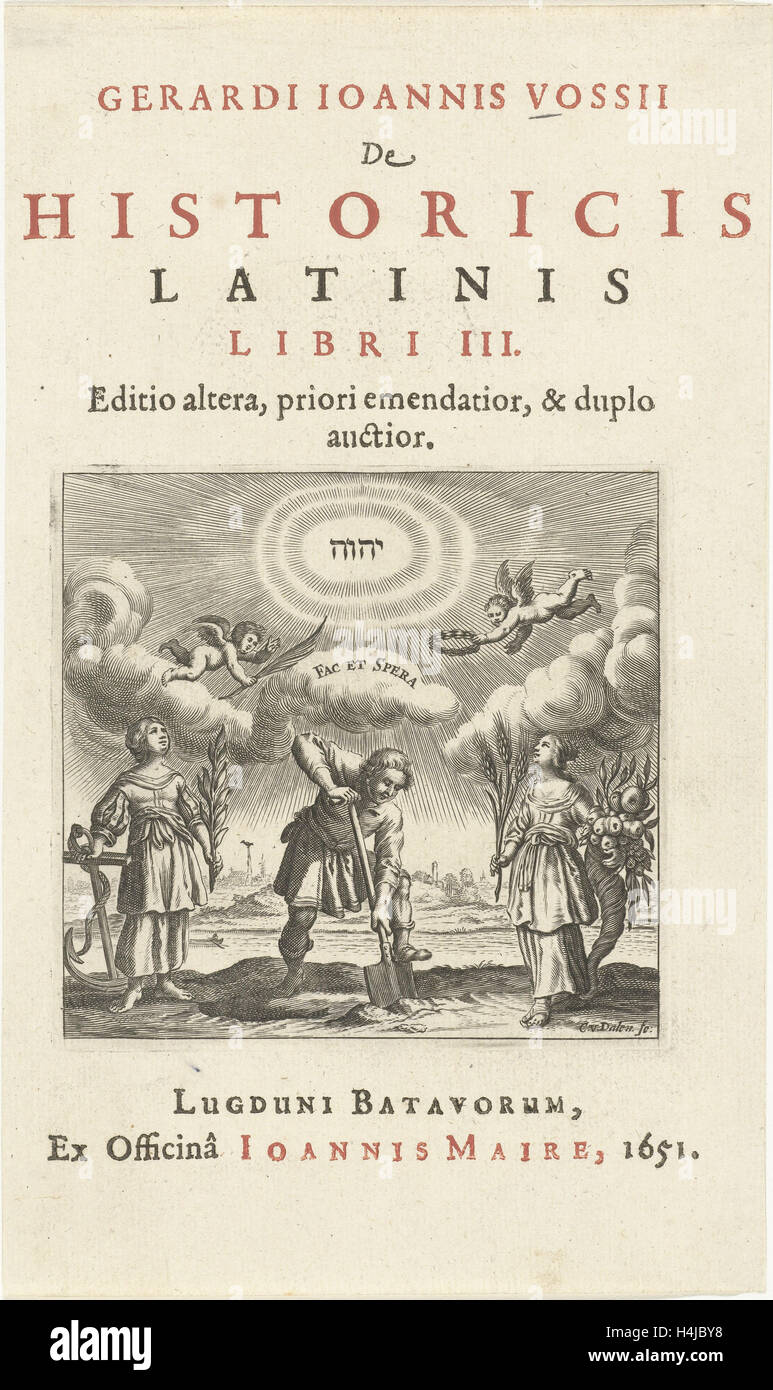 Man holds shovel in the ground standing between personifications of Hope and Abundance, Cornelis van Dalen I Joannes Maire, 1651 Stock Photo