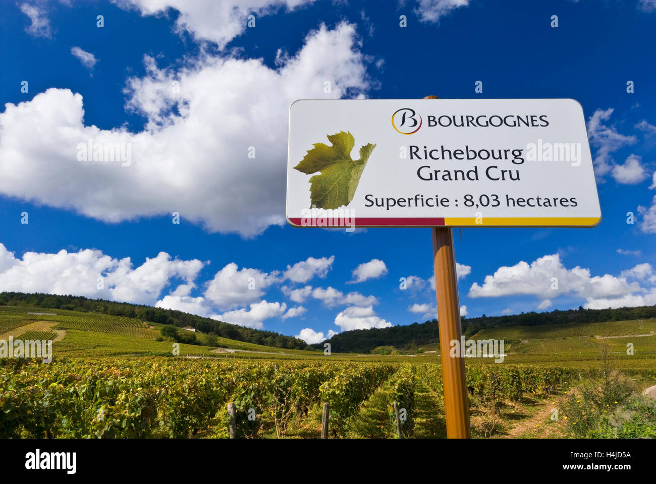 Sign at boundary of Richebourg Grand Cru 8.03 hectares vineyard of