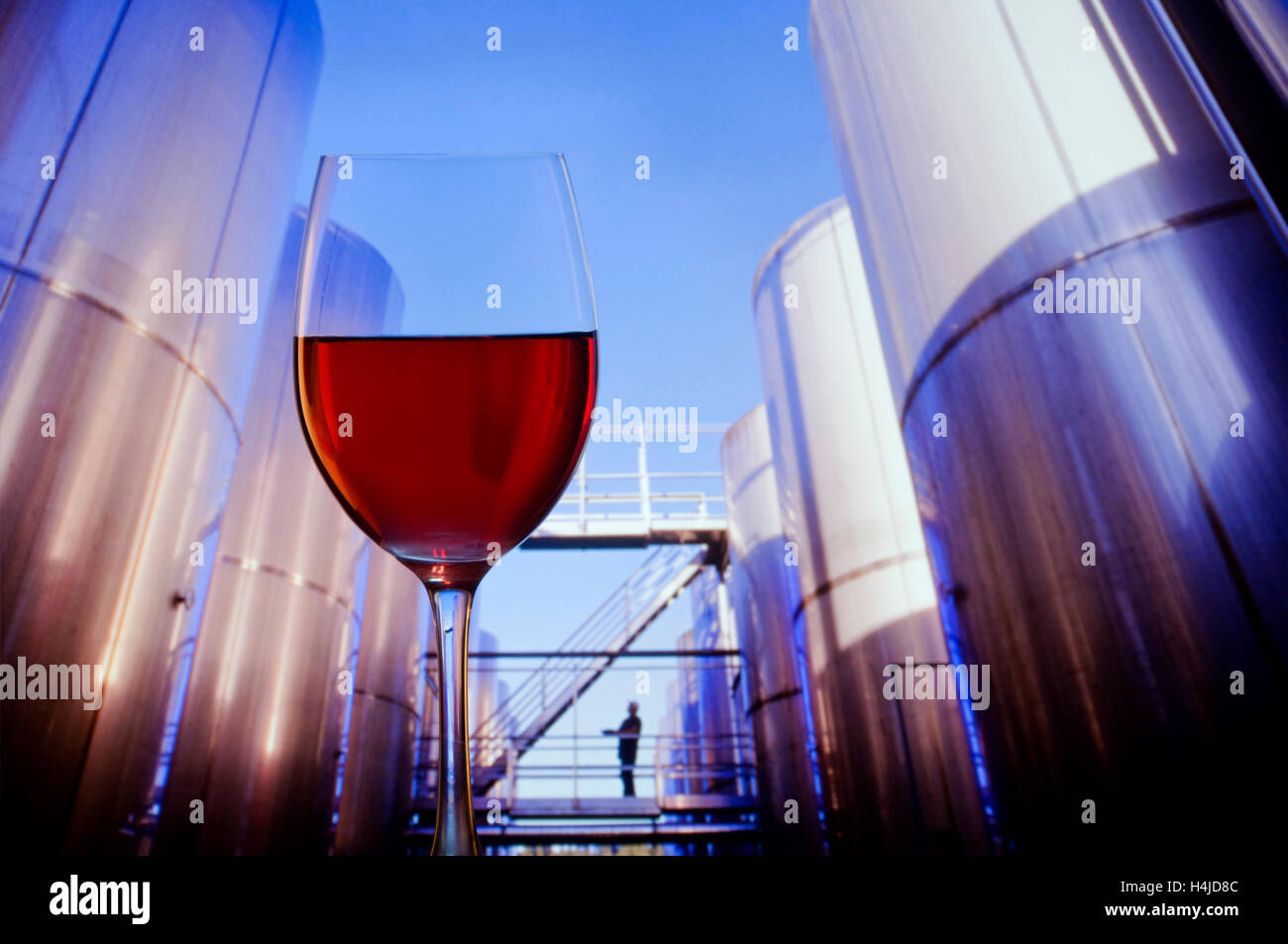 Red wine glass and grape maturation tanks in high tech external outdoors sunny modern wine production situation  Napa California USA Stock Photo