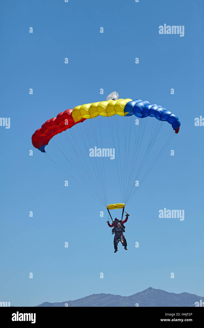 Tandem Parachuters, Queenstown, Otago, South Island, New Zealand Stock Photo