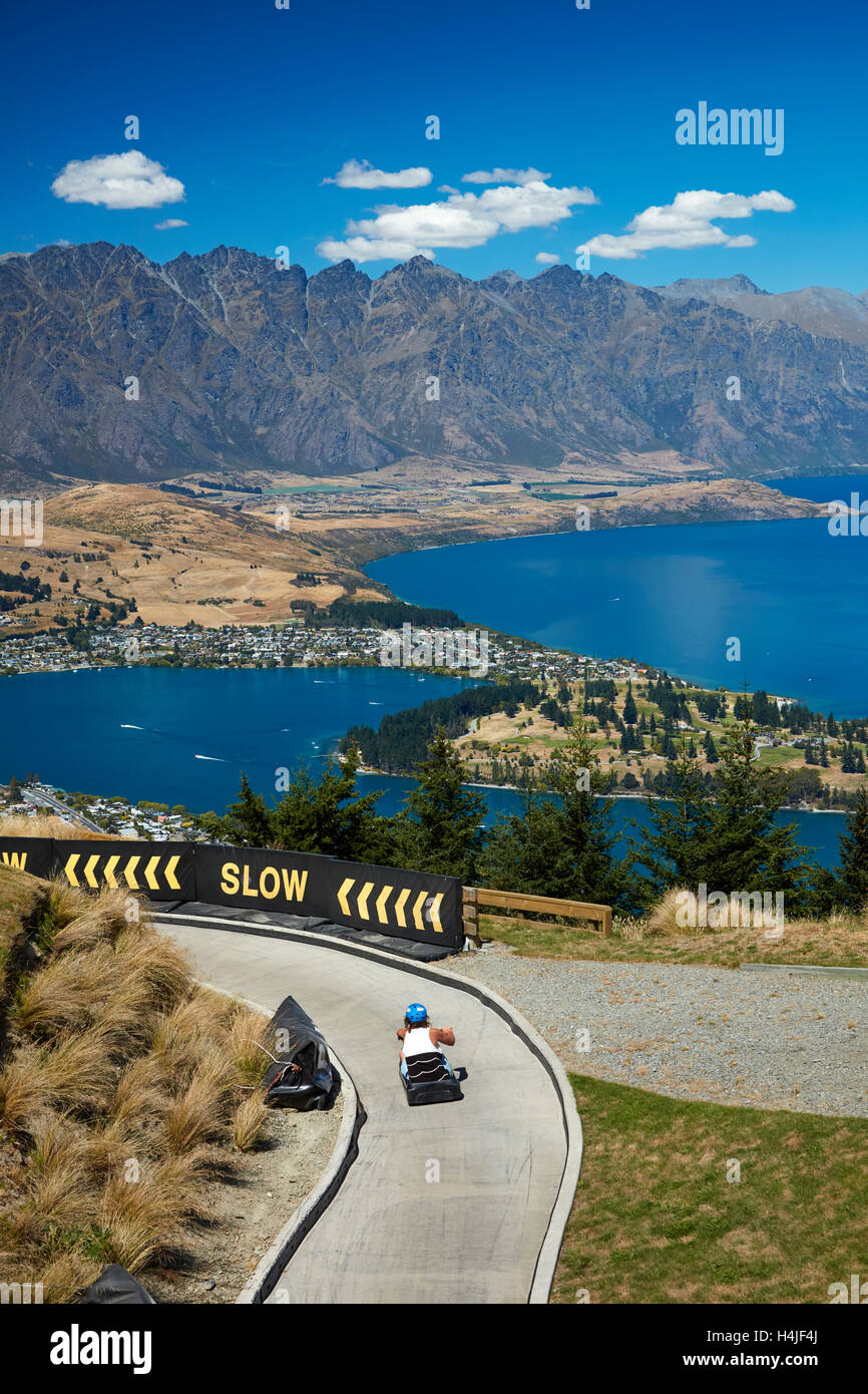 Skyline Luge, Lake Wakatipu and The Remarkables, Queenstown, South Island, New Zealand Stock Photo