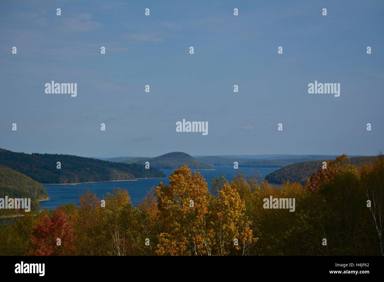 A view of the Quabbin Reservoir and Autumn foliage in Ware, Western Massachusetts. Stock Photo
