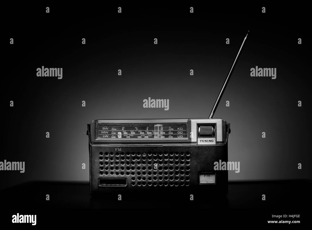 Old Fashion Radio in a leather case black and white photograph. Stock Photo