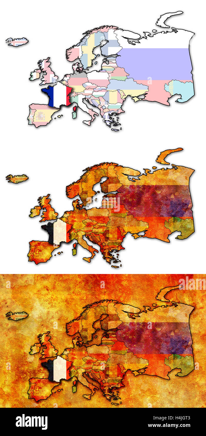 some very old grunge map of france with flag on map of europe Stock ...