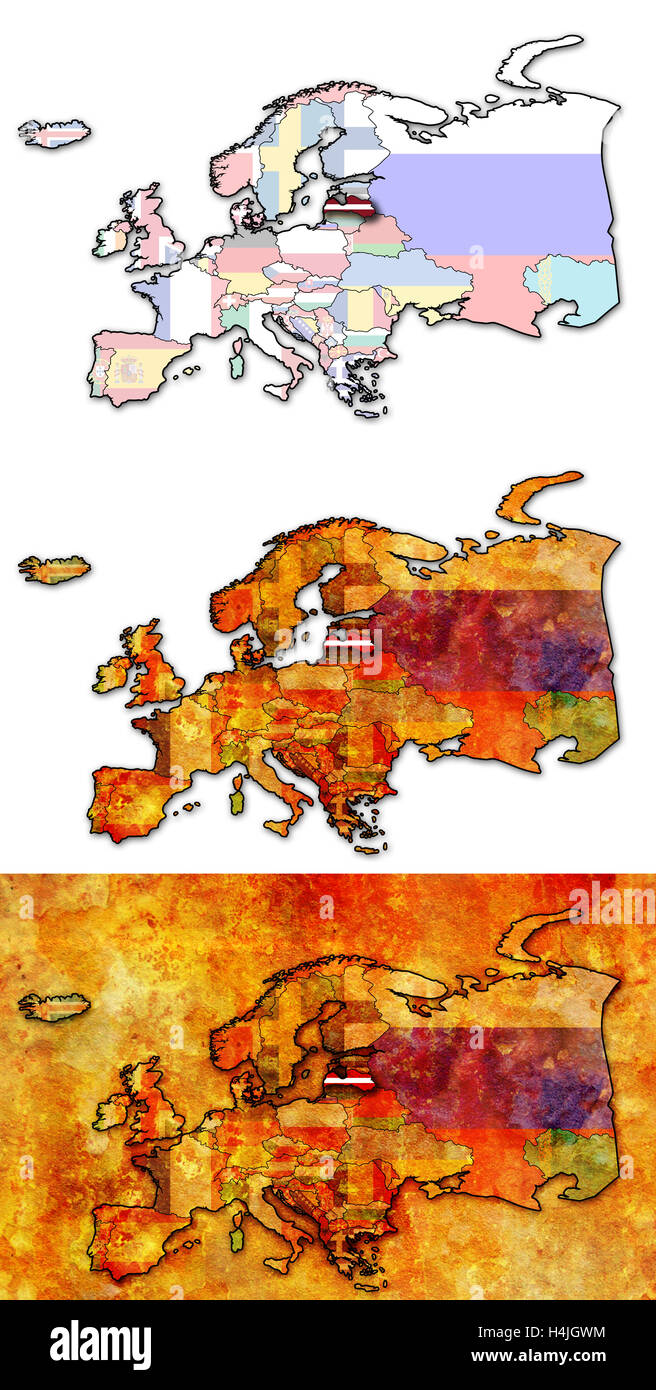 some very old grunge map of latvia with flag on map of europe Stock ...