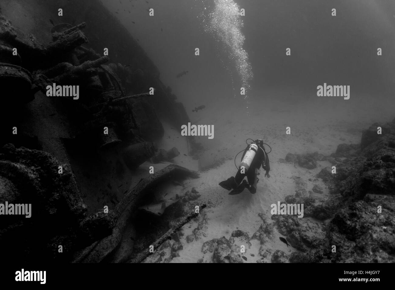 A diver in front of a sunken ship in the waters outside Cape Verde Stock Photo