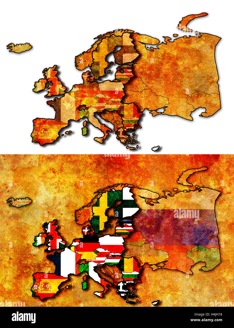 some very old grunge map of european union with flags of countries ...