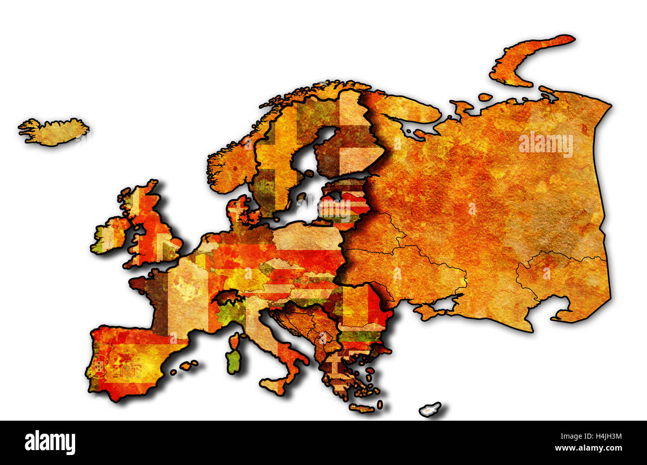 some very old grunge map of european union with flags of countries ...
