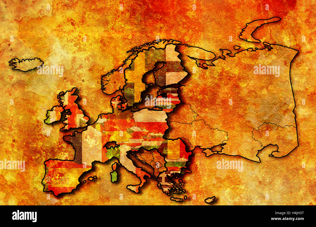 some very old grunge map of european union with flags of countries ...