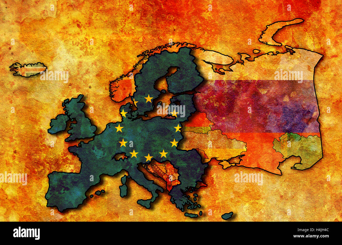 some very old grunge map of european union with flag on map of europe ...