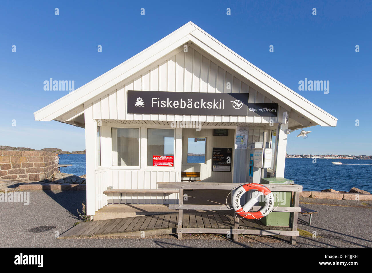 Bus shelter at the harbor, Fiskebäckskil, Bohuslän, West Sweden, Sweden Stock Photo