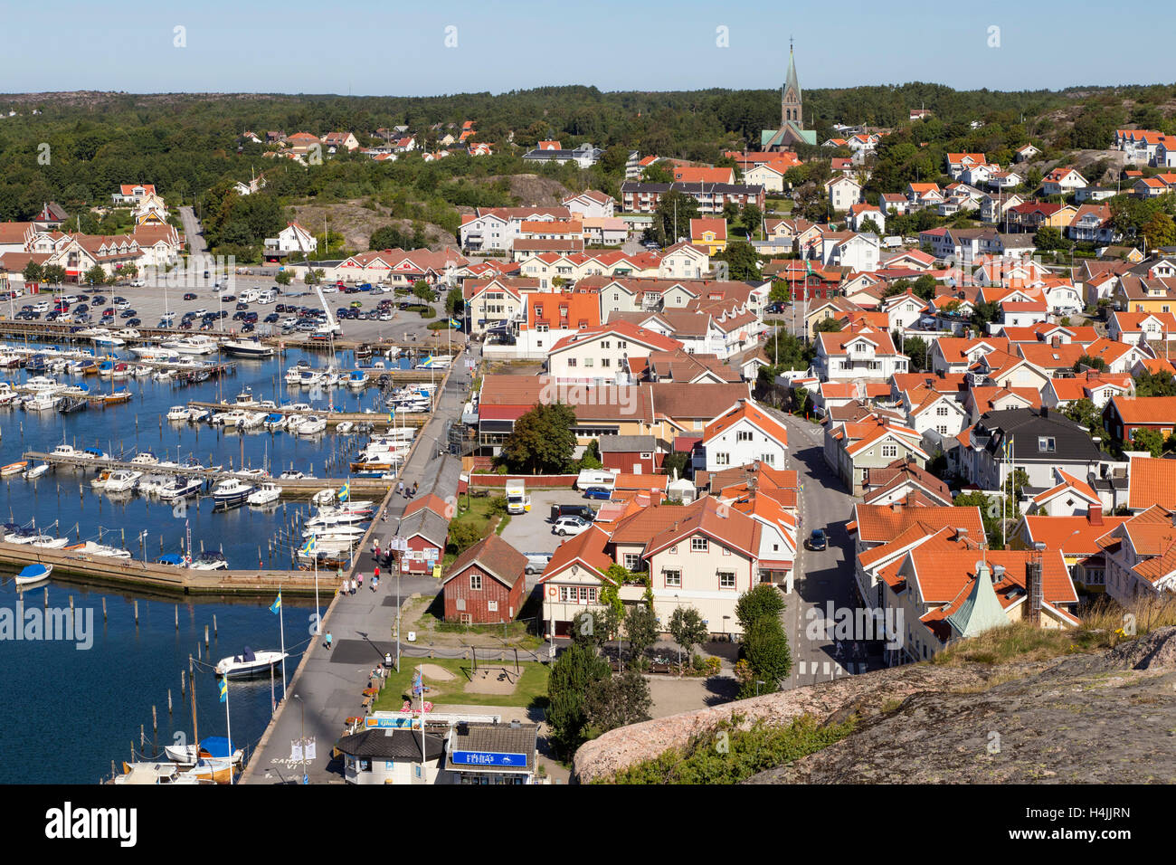 Houses, guest marina, Grebbestad, Bohuslän, West Sweden, Sweden Stock Photo
