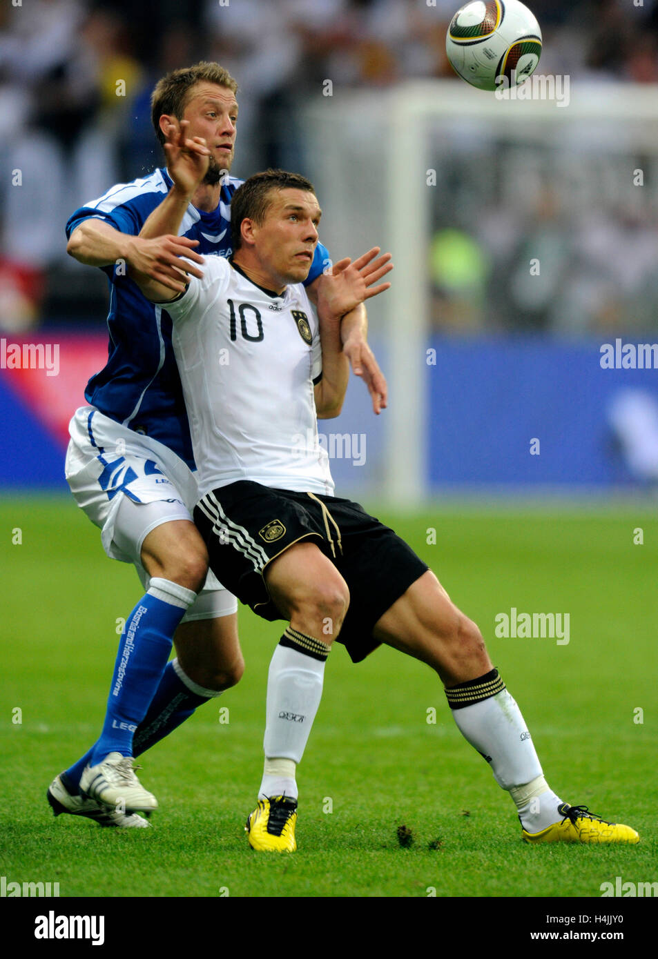 Lukas Podolski, Adnan Mravac, football match, Germany vs. Bosnia-Herzegovina, 3-1, Commerzbank Arena, Frankfurt, Hesse Stock Photo