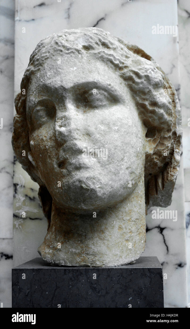 Head of a woman from colossal statue, probably depicting Goddess Demeter mourning his daughter Kore-Persefone. Greek original. C. 350 BC. Marble. Museum of Mediterranean and Near Eastern Antiquities. Stockholm. Sweden. Stock Photo