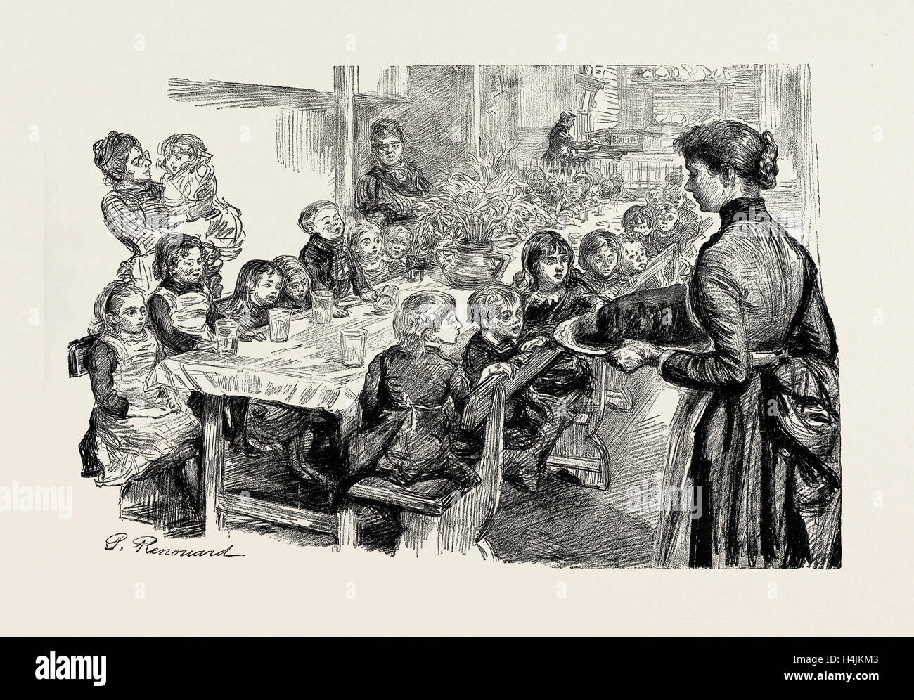 Free dinners to poor children, the dinner table at St. Philip's, Stepney, UK, 1889 Stock Photo