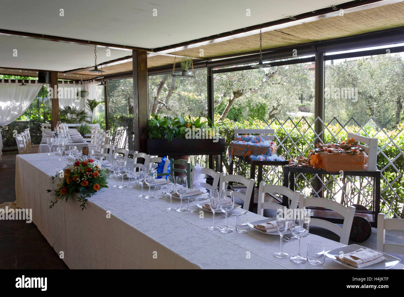 LASTRA A SIGNA, ITALY - MAY 21 2016: Restaurant wedding set up, outdoor tent Stock Photo