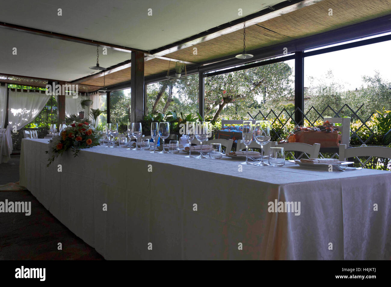 LASTRA A SIGNA, ITALY - MAY 21 2016: Restaurant wedding set up, outdoor tent Stock Photo