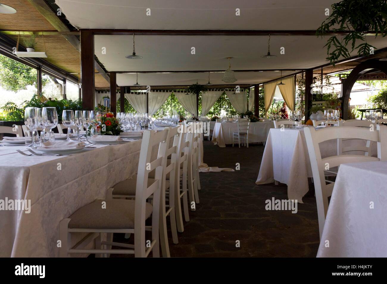 LASTRA A SIGNA, ITALY - MAY 21 2016: Restaurant wedding set up, outdoor tent Stock Photo