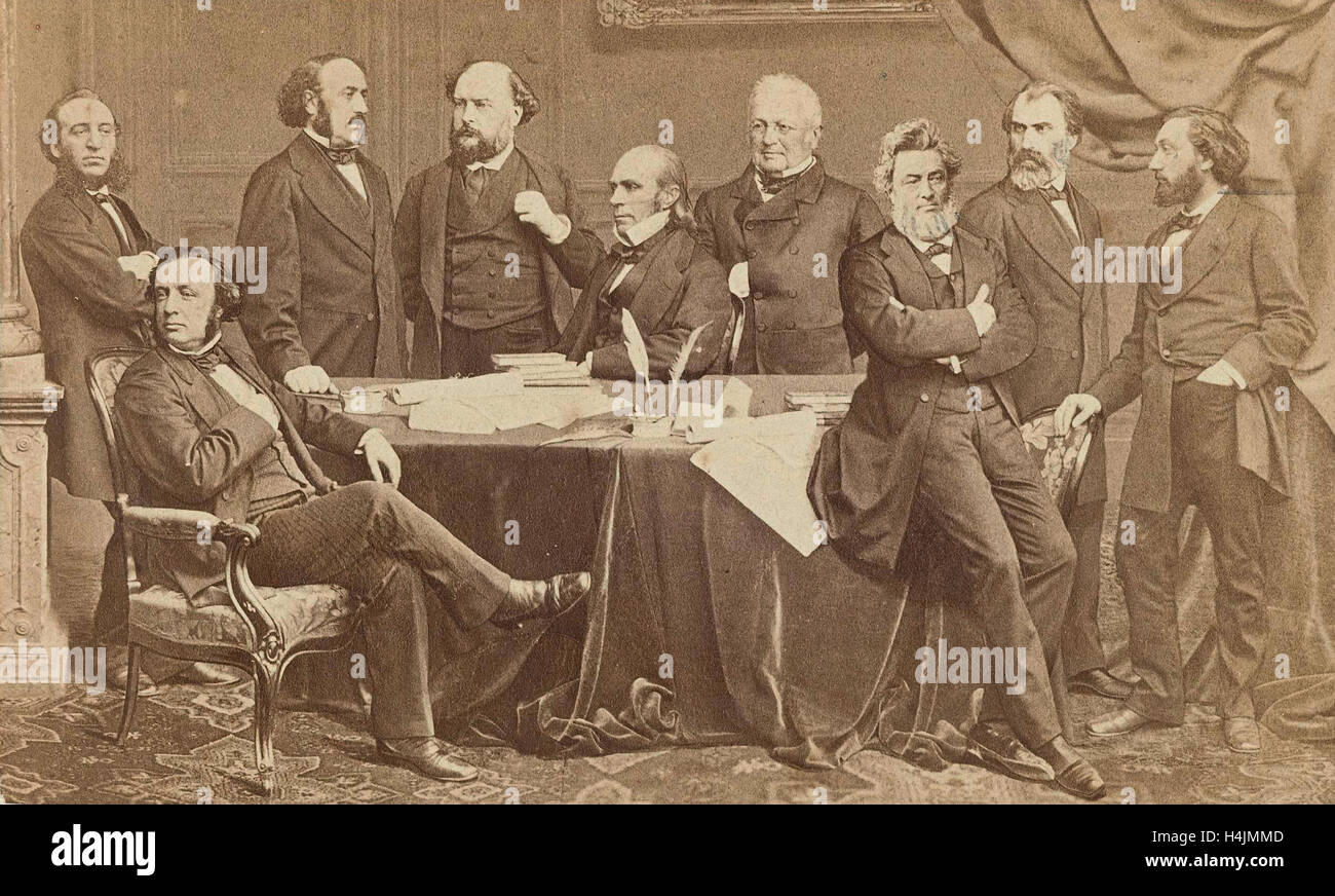 Photomontage of nine men politicians around a table, including Louis Adolphe Thiers fourth from right and Jules Favre Stock Photo
