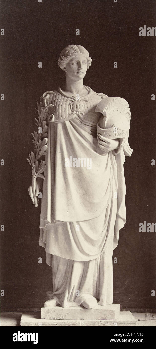 Marble statue of a woman dressed in warrior costume with a helmet in one hand and the other a
