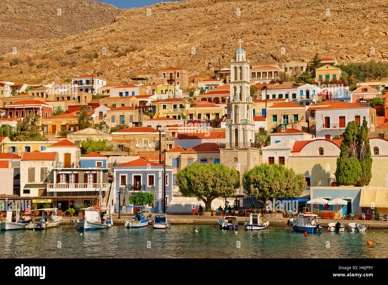 Chalki town on the Greek island of Chalki situated off the north coast of Rhodes in the Dodecanese Island group, Greece. Stock Photo