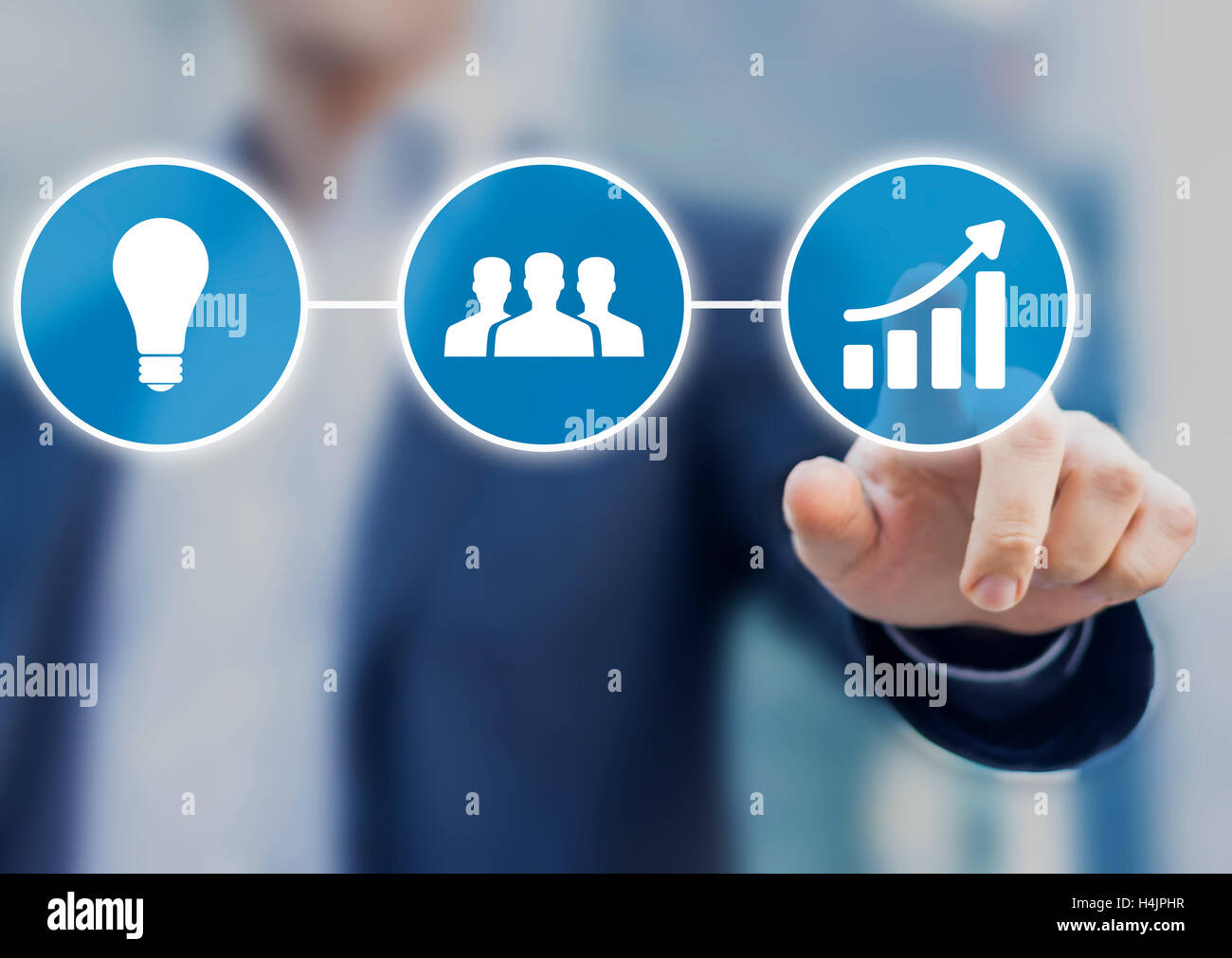 Success in business originates from innovative ideas implemented by a team of motivated people. Concept with modern icons Stock Photo