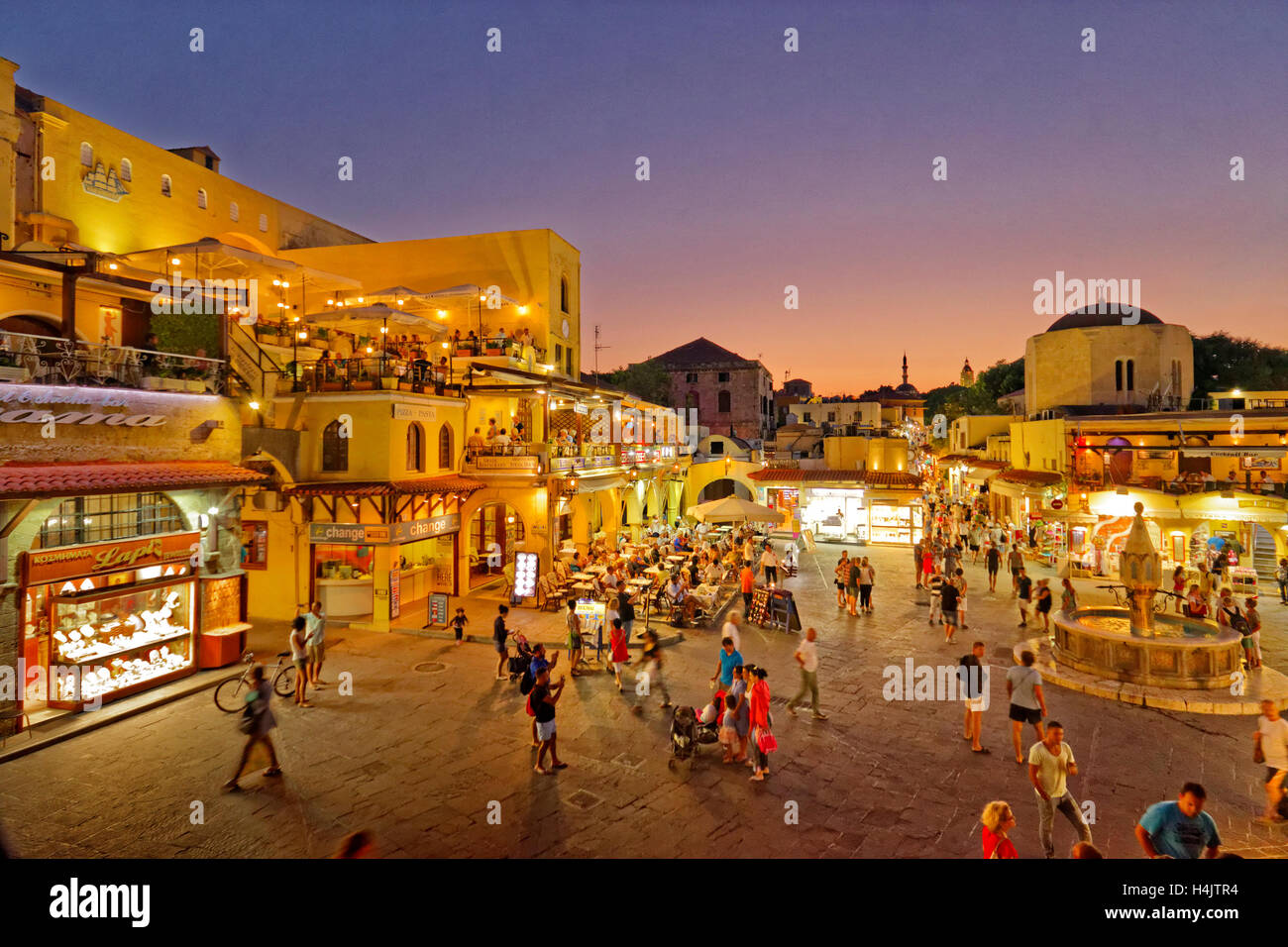 Twilight at Hippocrates (Ipokratous) Square, at Rhodes Old Town, Island of Rhodes, Dodecanese Islands, Greece. Stock Photo