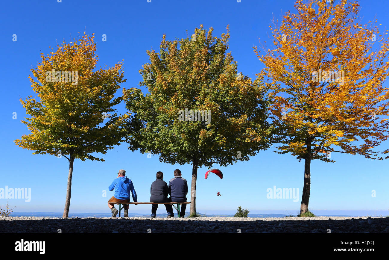Buching, Germany. 16th Oct, 2016. Excursionists enjoy the view from Buchenberg mountain underneath autumnal trees near Buching, Germany, 16 October 2016. PHOTO: KARL-JOSEF HILDENBRAND/dpa/Alamy Live News Stock Photo