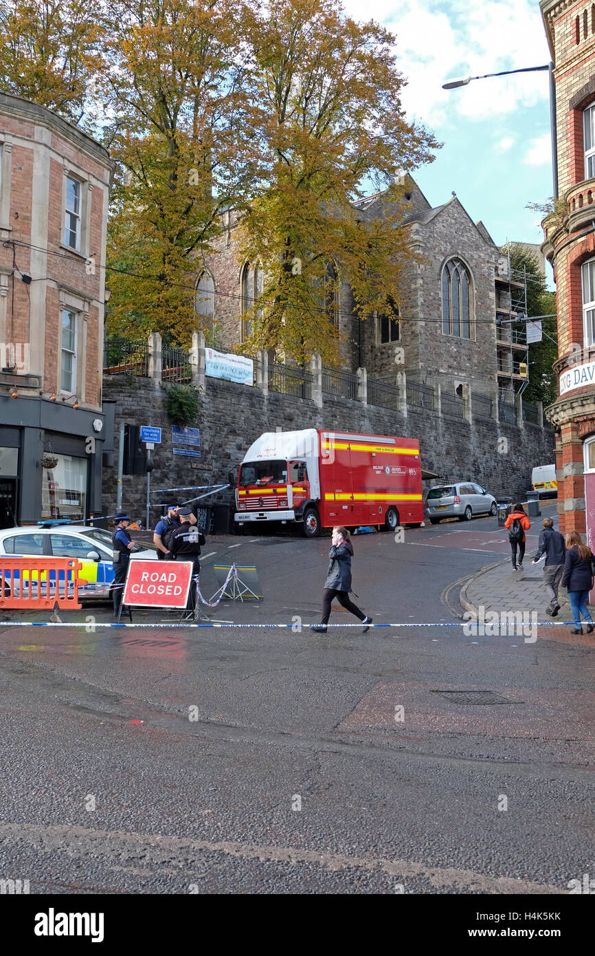 Bristol, UK. 17th October, 2016. Roads remained closed for much of the day following a fire at the church of St Michael on the Mount Without on 16th October. The church, which was originally built in the 15th century and has been redundant since 1999, lost much of its roof in the fire which Avon Fire and Rescue Service have stated was started deliberately. Credit:  Keith Ramsey/Alamy Live News Stock Photo