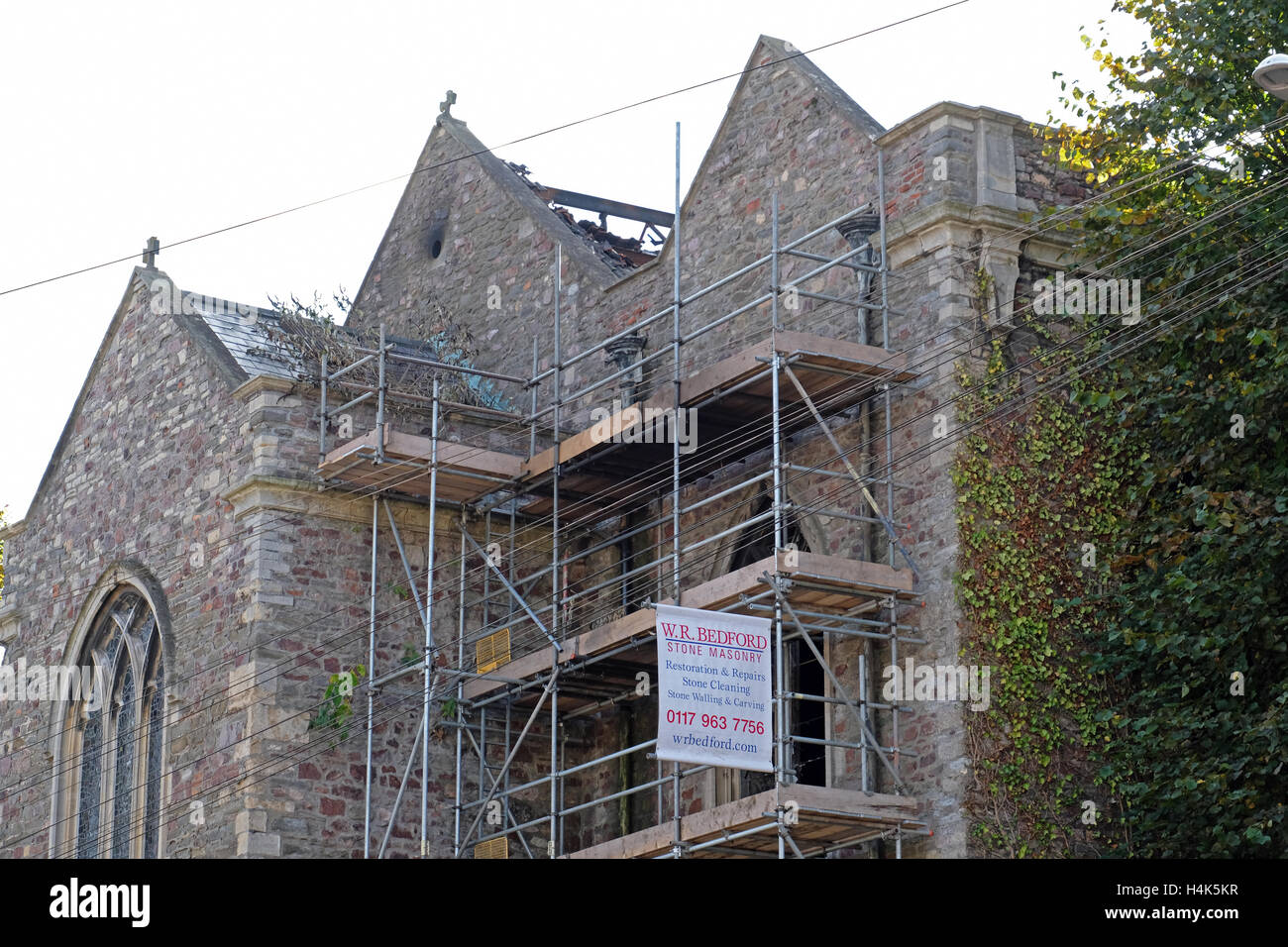 Bristol, UK. 17th October, 2016. Roads remained closed for much of the day following a fire at the church of St Michael on the Mount Without on 16th October. The church, which was originally built in the 15th century and has been redundant since 1999, lost much of its roof in the fire which Avon Fire and Rescue Service have stated was started deliberately. Credit: Keith Ramsey/Alamy Live News Stock Photo