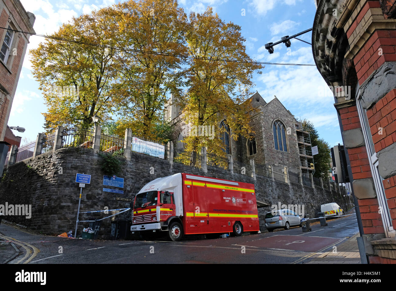 Bristol, UK. 17th October, 2016. Roads remained closed for much of the day following a fire at the church of St Michael on the Mount Without on 16th October. The church, which was originally built in the 15th century and has been redundant since 1999, lost much of its roof in the fire which Avon Fire and Rescue Service have stated was started deliberately. Credit: Keith Ramsey/Alamy Live News Stock Photo