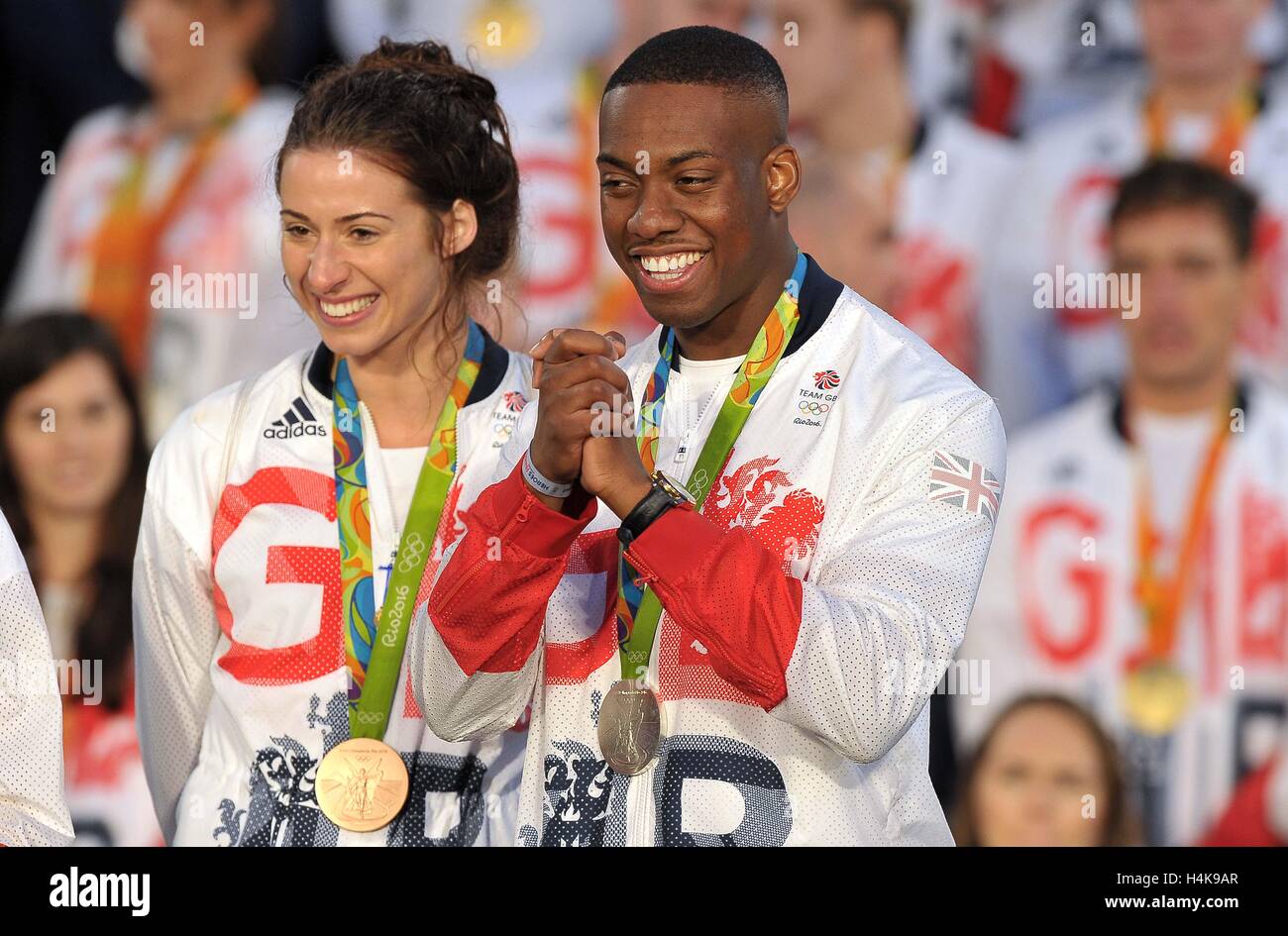 Manchester, UK. 17th Oct, 2016. (l to r) Bianca Walkden and Muhammad Lutalo. TeamGB and ParalympicsGB Heroes homecoming parade following their success at the Rio 2016 Olympic games. Albert Square. Manchester. Credit:  Sport In Pictures/Alamy Live News Stock Photo