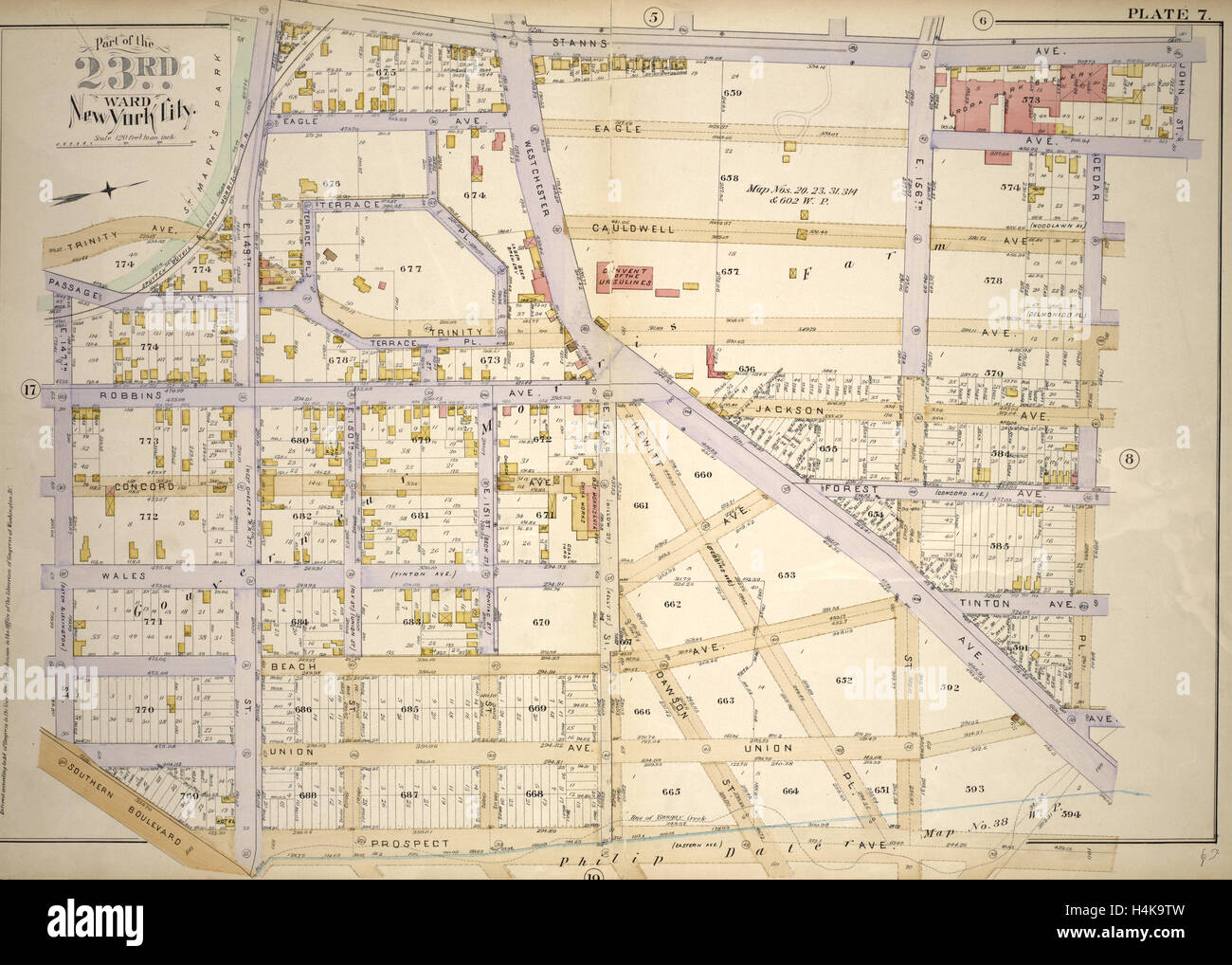 Plate 7: Bounded by St. Anns Ave., John St., Eagle Ave., Cedar Place, Prospect Ave., Southern Blvd., E. 147th St., Trinity Ave. Stock Photo