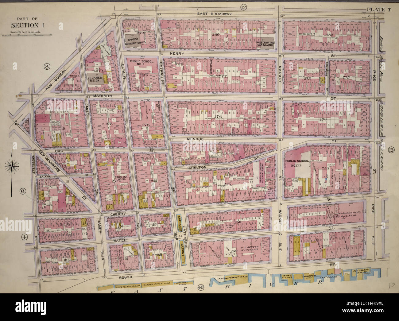 Plate 7, Part of Section 1: Bounded by New Bowery Street, East Broadway, Pike Street, Pike Slip, South Street, and New Street Stock Photo